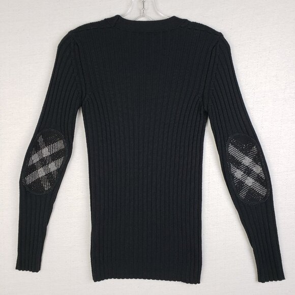 BURBERRY London Wool Sweater Plaid Elbow Patches Ribbed Knit Black V-neck size S - Picture 4 of 11
